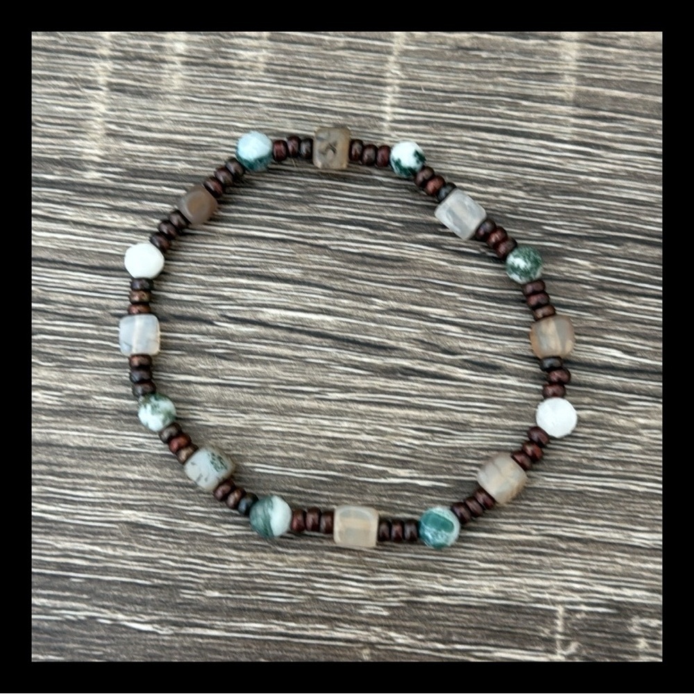 Moss Agate Dragon Vein Agate bronze bead stretchy bracelet earthy whimsigoth